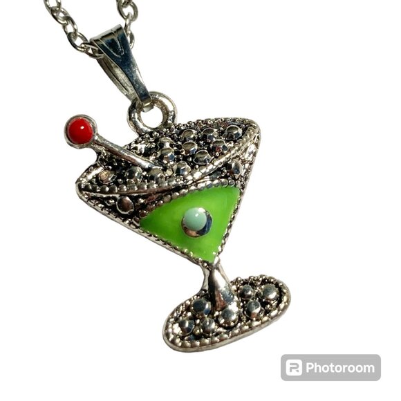 Martini Cocktail Drink Cup Glass Charm Necklace Pendant Green Enamel 18" Chain - Picture 1 of 9
